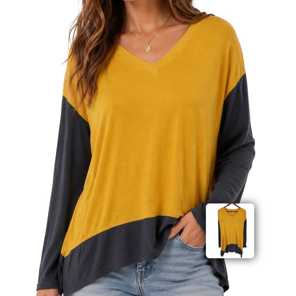 LOGO Lori Goldstein Womens S Mustard Colorblock Tunic Top Asymmetrical Hem